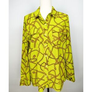 Michael Kors Lime Green Chain Print Button Up Blouse Long Sleeve Logo Top